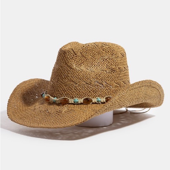 Accessories - Mixed Beaded And Rope Western Fedora Straw Hat